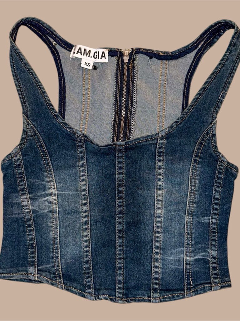 I.Am.Gia Denim Corset Cropped Tank Top - Blue